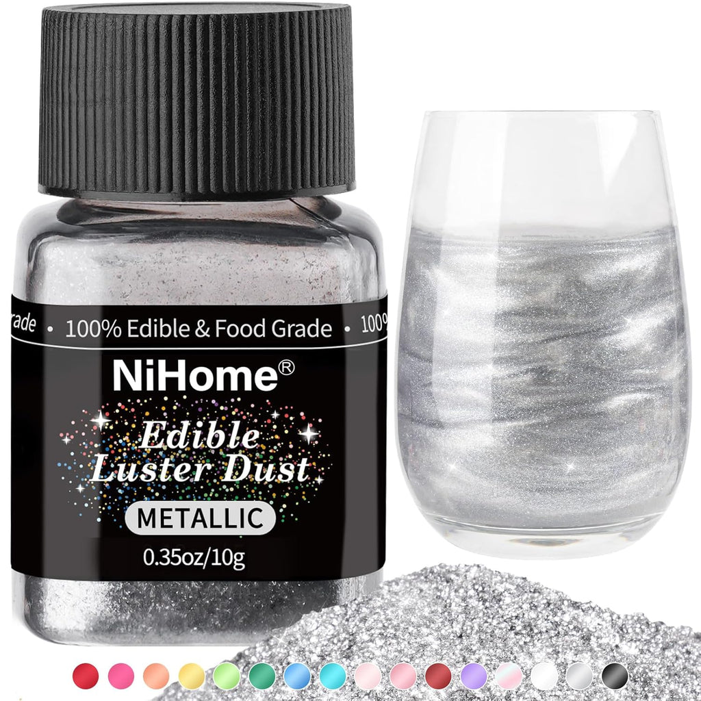 NiHome Edible Food-Grade Glitter Powder Glimmer Luster Dust Metallic Fancy Food Decorating Sprinkle Glimmery Dust for Drink Wine Beverage Cake Bakery Vegan Allergen-Free (Metallic, 0.35oz/10g)