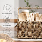 StorageWorks Wicker Silverware Organizer with Handle, Seagrass Kitchen Utensil Holder, Large Utensil Holder for Kitchen Counter, Spoon Forks Knife Cutlery Caddy, Paper Plate Dispenser for Countertop