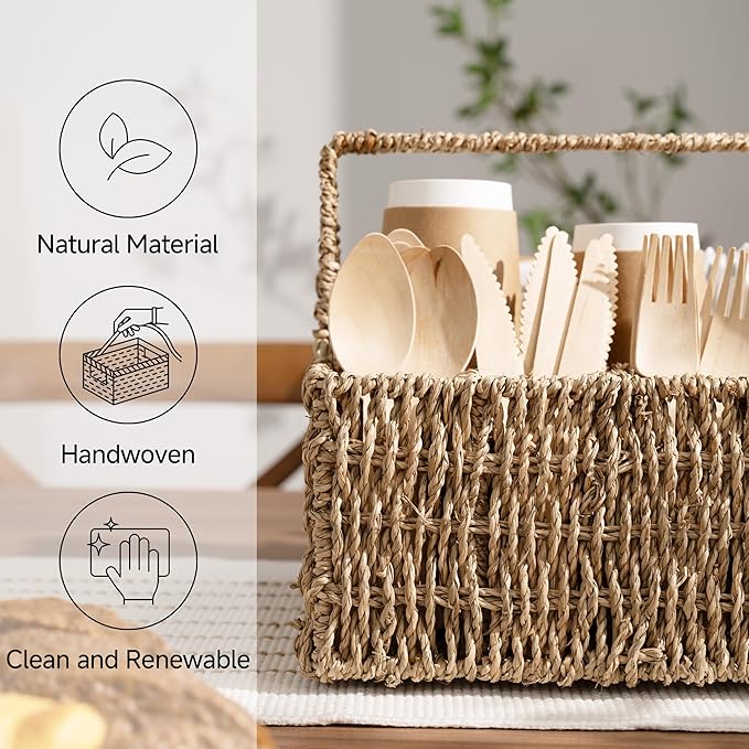 StorageWorks Wicker Silverware Organizer with Handle, Seagrass Kitchen Utensil Holder, Large Utensil Holder for Kitchen Counter, Spoon Forks Knife Cutlery Caddy, Paper Plate Dispenser for Countertop