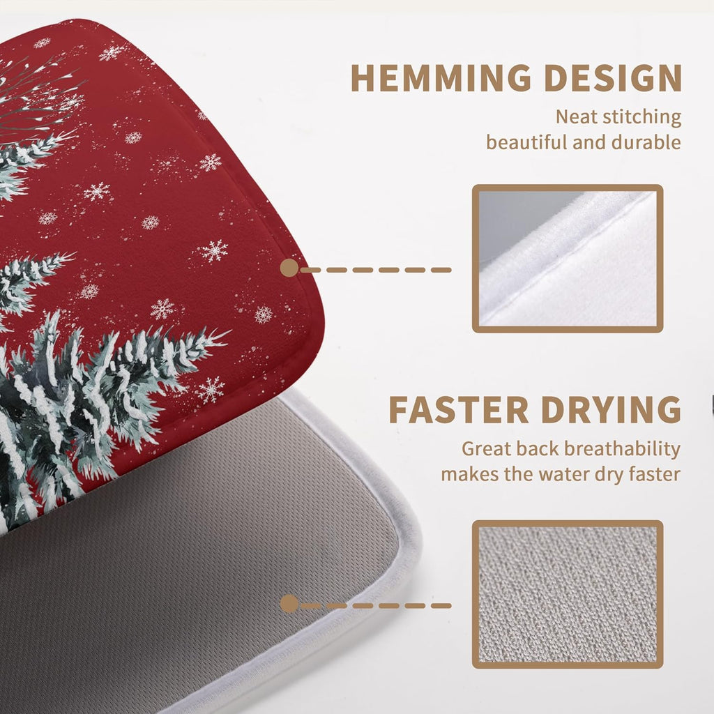 Christma Snowman Dish Drying Mat Winter Snowflake Large Kitchen Mats Dish Drying Pad Red Absorbent Dish Dryer Mat for Kitchen Countertops Microfiber Drainer Pad Dish Drying Mats (18x24 in)