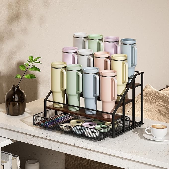 MOJOHAND Water Bottle Organizer for Stanley, 4-Tier 12 Bottles Rack with Storage Basket for Cup Accessories, Large Tumbler Holder Stand, Water Bottle Holder Wine Rack