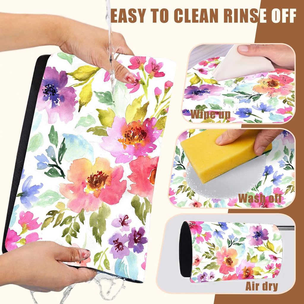 Floral Watercolor Dish Drying Mat Colorful Flowers Coffee Bar Mat for Countertop Hide Stain Rubber Backed Absorbent Dish Drainer Rack Pad Coffee Pot Espresso Machine Dining Room Decor 11.8 x 19.7 Inch