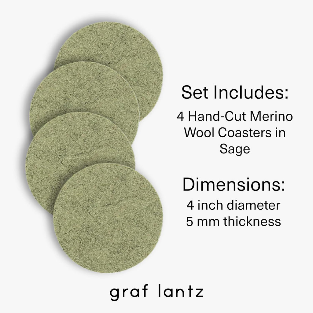 Graf Lantz - Bierfilzl Merino Wool Round Coasters Set of 4 - Sage (4" Circles) - Absorbs 30% of Weight - German Wool - Heat Resistant, Sustainable, & Reusable - Home Decor & Coffee Table Decor