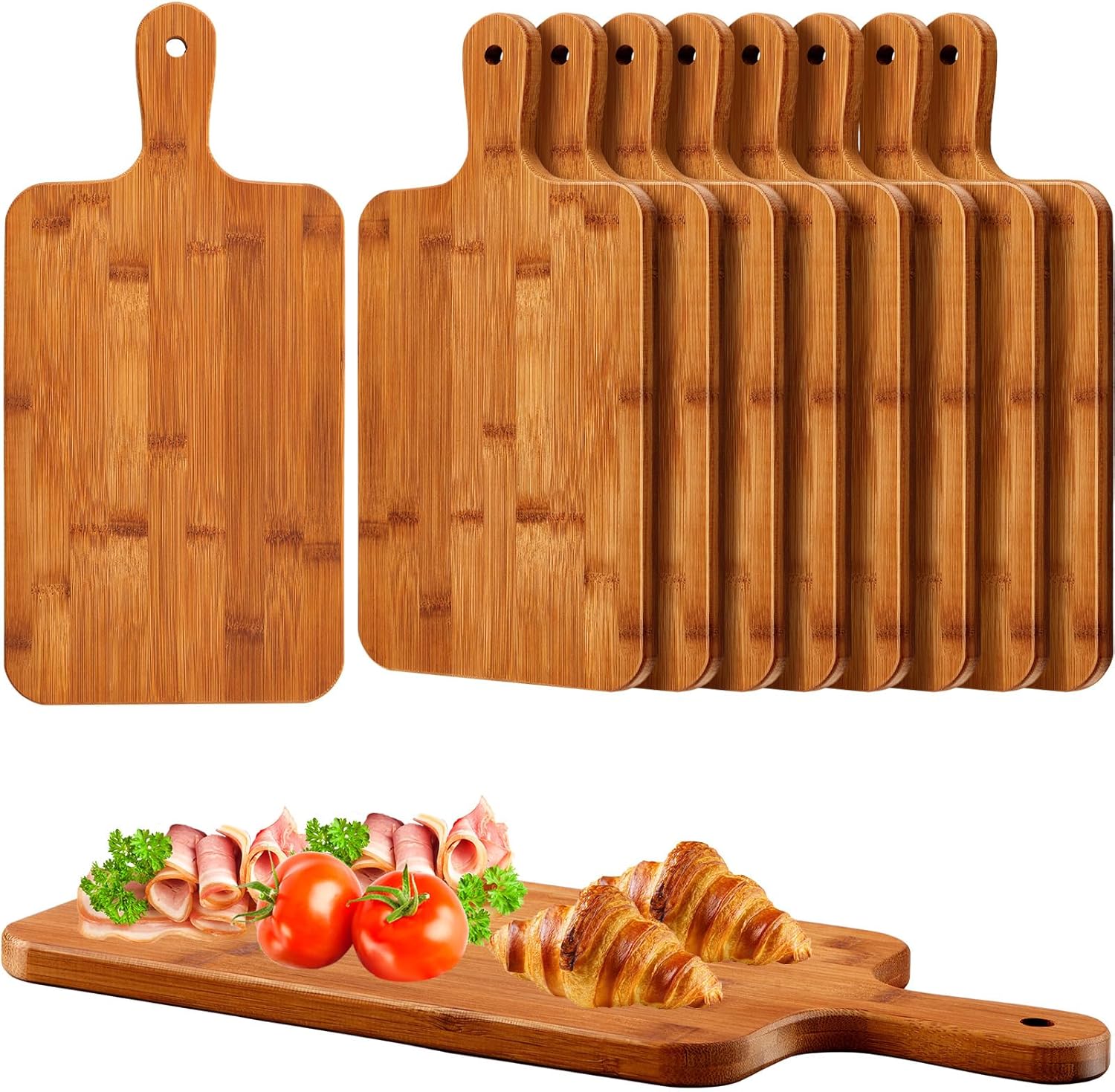 Nuenen 10 Pcs Wood Cutting Board with Handle 15.7 x 7.8 Inch Acacia Bamboo Wooden Serving Kitchen Chopping Boards for Pizza, Bread, Cheese, Charcuterie, Fruit, Vegetables (Carbonized Bamboo)