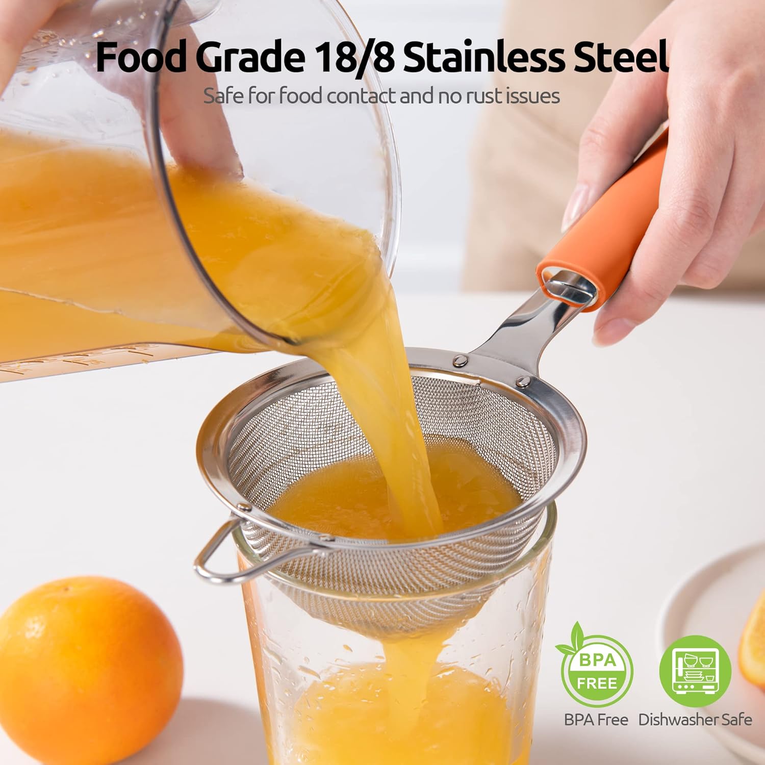 18/8 Stainless Steel Mesh Strainer: U-Taste 3.9 Inch Kitchen Fine Mesh Sieve Food Colander with Riveted Sturdy Silicone Handle and 30 Mesh Hole for Straining Flour, Quinoa, Tea, Juice (Orange)