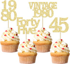 Gyufise 24Pcs 45th Birthday Cupcake Toppers Glitter Cheers to 45 Fabulous Forty Five Vintage 1980 Cupcake Picks 45th Birthday Wedding Anniversary Party Cake Decorations Supplies Gold