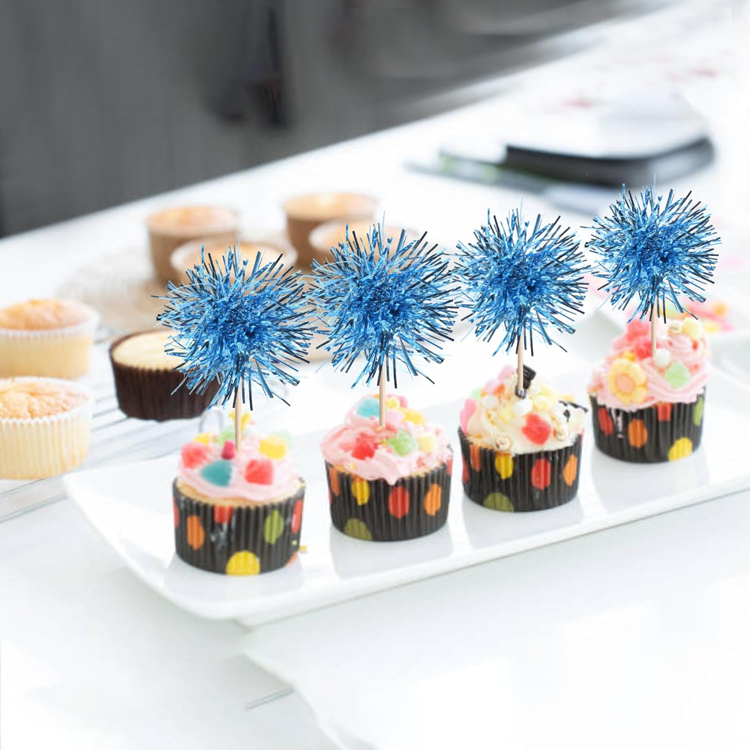 40 PCS Foil Firework Cupcake Toppers Light Blue Sparkler Cupcake Picks Sparkle Tinsel Fireworks Decorations Cocktail Fruit Toothpick for Firework Theme Birthday Wedding Graduation Party Decor Supplies