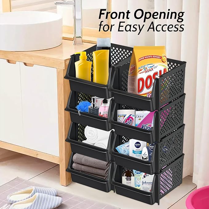 TidyFriend Stackable Storage Bins for Pantry Organizers and Storage 4 Pack, Pantry Storage for Food, Kitchen and Home Organization (Black)