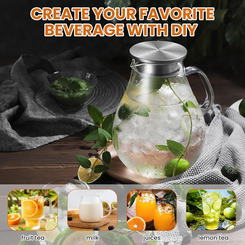 SUSTEAS 3 Litre 101oz Glass Pitcher Jar with Lid and Nozzle, 3.17Quart Cold/Hot Water Glass Water Bottle, Ice Tea for Refrigerator, Large Water Jar for Juice, Milk, Coffee or Homemade Drinks
