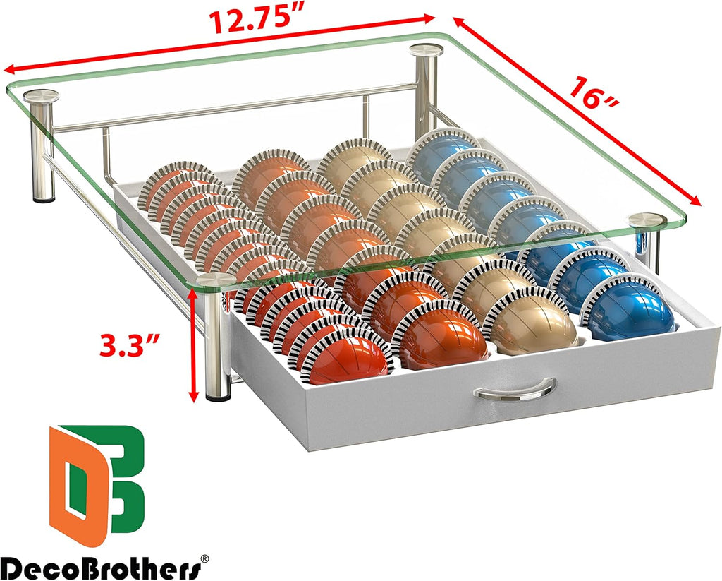 DecoBrothers Crystal Tempered Glass Vertuo Pod Holder Drawer, 28 Large or 56 Small Nespresso Capsule Organizer, White