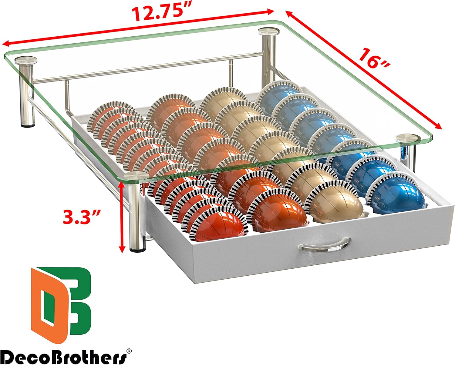 DecoBrothers Crystal Tempered Glass Vertuo Pod Holder Drawer, 28 Large or 56 Small Nespresso Capsule Organizer, White
