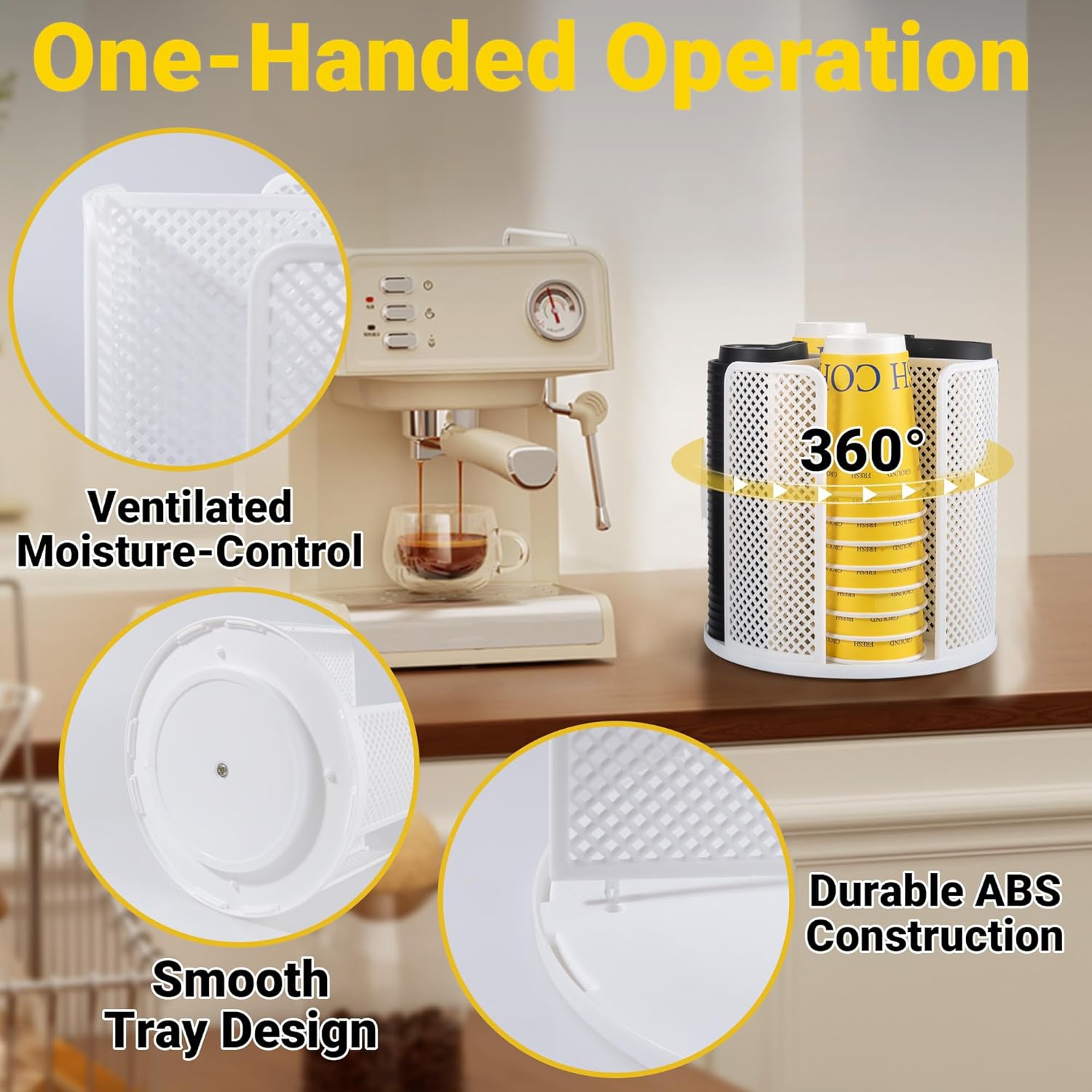 4-Compartment Rotating Paper Cup Holder & Coffee Cup Lid Storage Dispenser, Plastic Cup Dispenser Removable, Space-Saving Countertop Cup Holder for Coffee Bars, Kitchens (White)