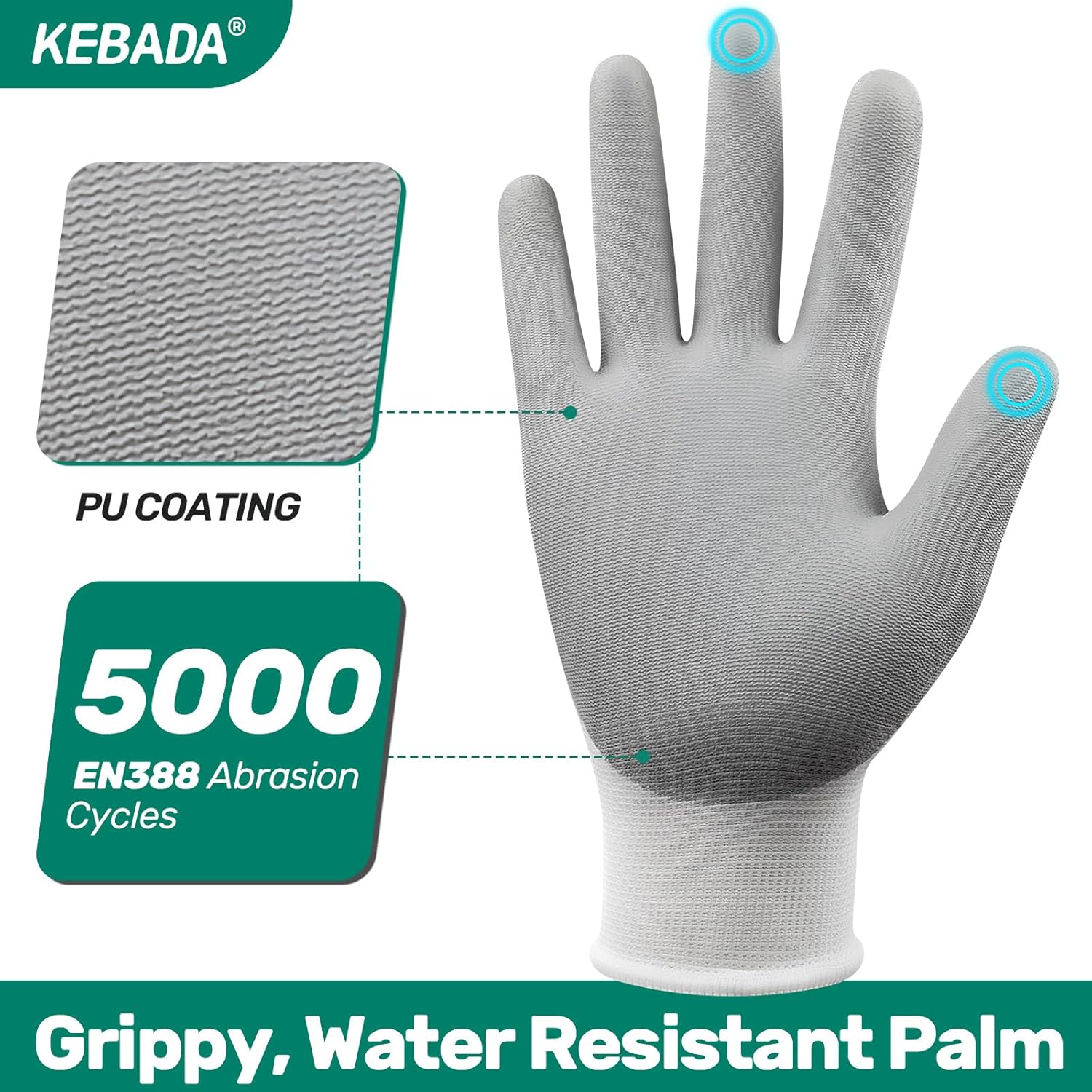 Kebada W1 Work Gloves for Men and Women, 12 Pairs Touchscreen Safety Gloves with Grip, PU-Coated, Ideal for Light & Medium Duty Tasks, White, Medium