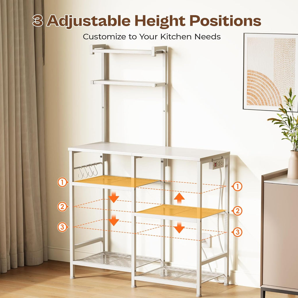 Huuger 31.5 Inch Bakers Rack with Power Outlets, Kitchen Microwave Stand with Storage, Coffee Bar with 4 Hooks, 3-Level Height Open Shelves, White