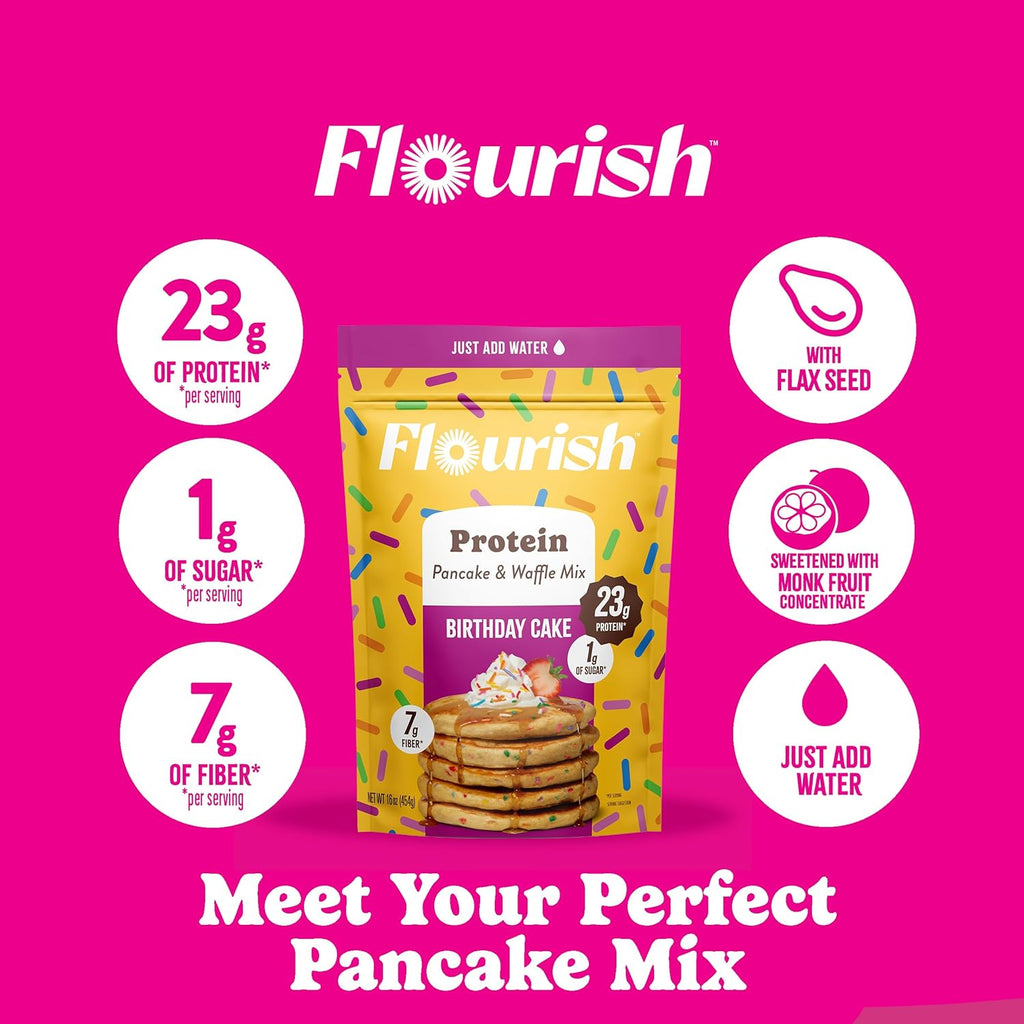 Flourish Protein Pancake & Waffle Mix, with Whey Protein & Flax Seed, No Added Sugar, High in Protein & Fiber - Just Add Water - Birthday Cake Flavour, 430 g (2 Pack) - Made in Canada
