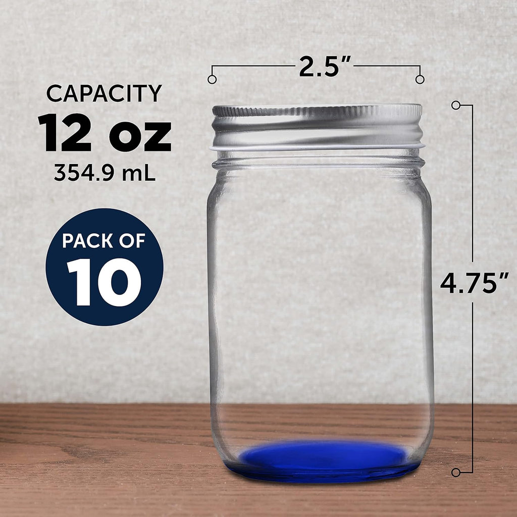 DISCOUNT PROMOS 10 Decorating Mason Jars Set, 12 oz. - Canning, Aluminum Lid - Blue