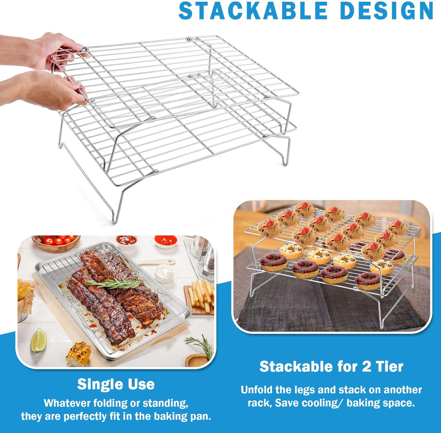 P&P CHEF 16 Inch Stainless Steel Baking Sheet with Rack Set (2 Pans+ 2 Racks), Cookie Sheets Baking Trays and Cooling Wire Racks, Oven & Dishwasher Safe, Pans with Stackable Racks