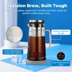 BrewMOO- Airtight Cold Brew Coffee Maker Pitcher, 1.0L/34Oz Thick Glass Carafe with Filter, Comfort Sturdy Handle & Wide Spout, Non-Slip Base | Iced Tea Maker (Grey)