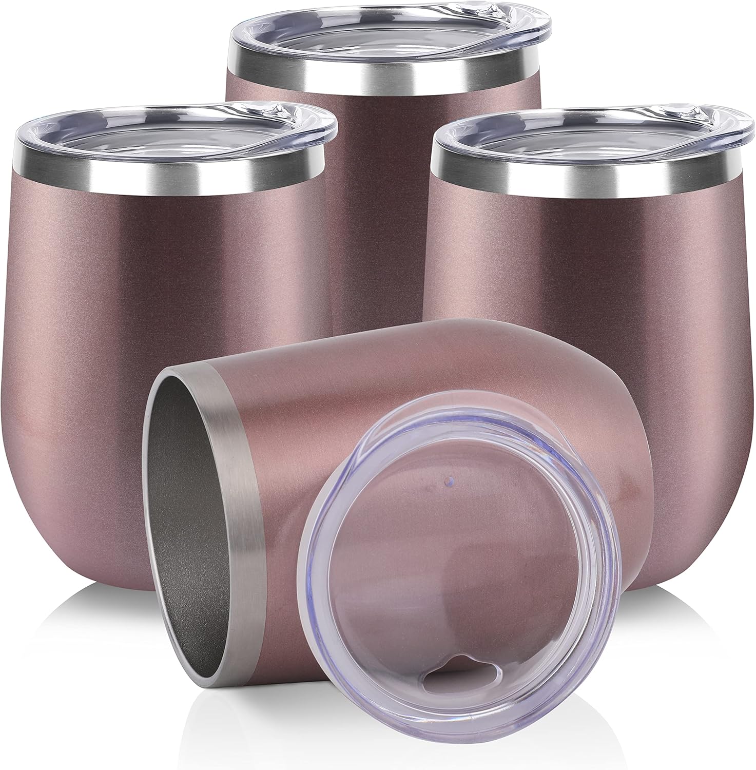 DOMICARE Stainless Steel Wine Tumbler Bulk with Lid, Personalized Rose Gold Insulated Tumblers Set, 12oz Travel Coffee Cups Pack of 4