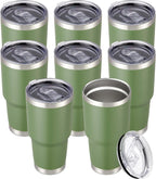30 oz Tumbler with Lid Stainless Steel Tumblers Bulk Vacuum Insulated Cup Reusable Powder Coated Travel Mug Double Wall Leak Proof Cups Keep Cold Drinks for 12 Hours Army Green, Set of 8