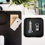 SANZIE Luxury Leather Desktop Storage Small Catchall Organizer Decorative Tray for Entryway Table to Hold Jewelry Watch Cosmetics Keys Phone Wallet, Home & Office Accessories (Metal Glided, Black)