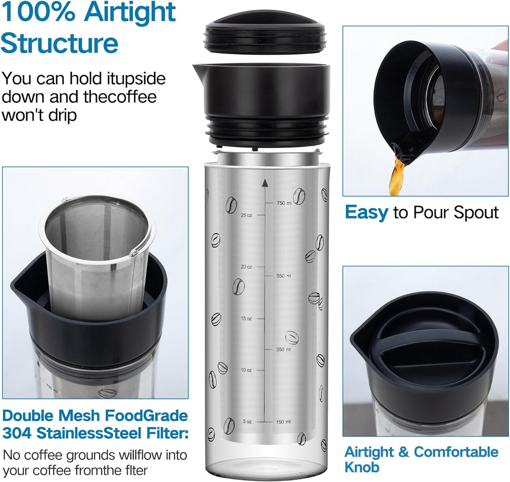 25oz Cold Brew Coffee Maker 4 Cup Capacity Tea Maker, Iced Coffee Pot, Cold Heat Resistant Borosilicate Glass Carafe, Stainless Steel Mesh Filter Basket and Black Freshness Lid