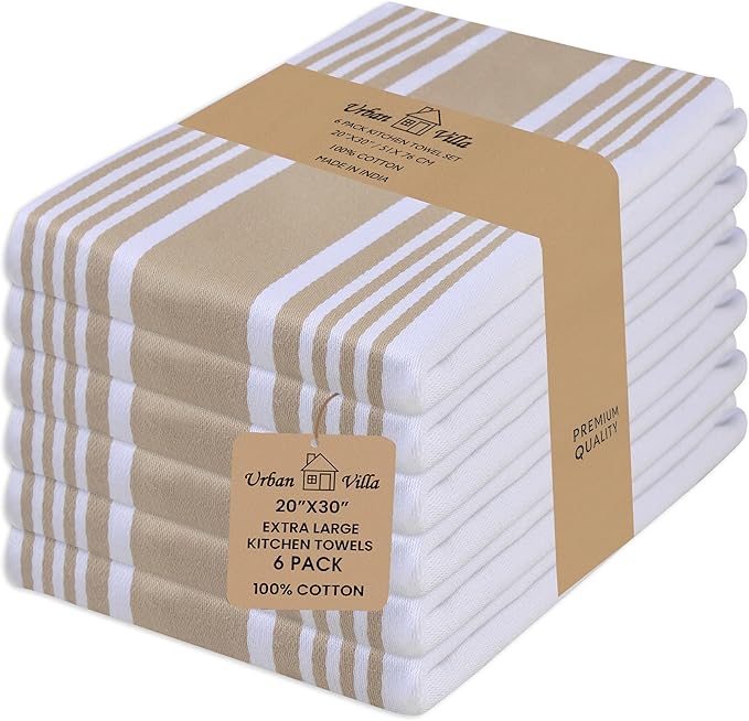 Urban Villa Kitchen Towels 100% Cotton Dish Towels for Kitchen (Set of 6)20”x30” Dish Cloths Highly Absorbent Kitchen Linen Set with Hanging Loop Perfect for Drying Dishes Cleaning Towels-Taupe White
