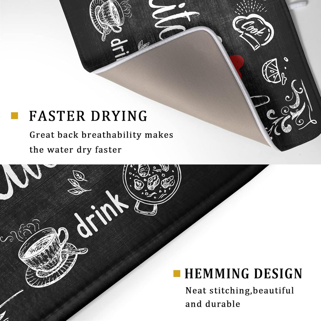 Black Coffee Bar Dish Drying Mats for Kitchen Counter 18x24 Inch, Kitchen Drying Mat, Kitchen Coffee Bar Dishes Pad Dish Drainer Rack Mats Absorbent Fast Dry Kitchen Accessories