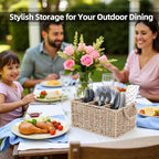 Wicker Party Silverware Caddy, Seagrass Plastic Cutlery Utensil Holder, Hand Woven with Handles, Kitchen Countertop and Picnic flatware Organizer (4 compartments)