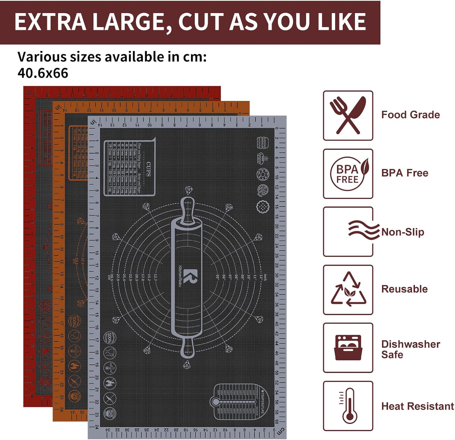 Silicone Pastry Mat Extra Large with Measurements 26''x16'' for Reusable,Non-slip Silicone Baking Mat, Counter, Dough Rolling, Oven Liner,Fondant/Pie Crust (Translucent_Grey, 16''W x 26''L)