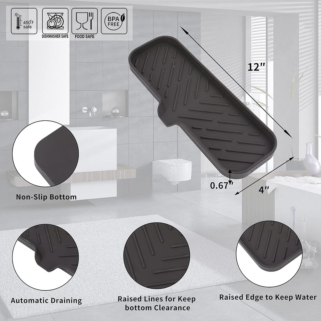 Silicone Bathroom Soap Dishes with Drain Spout-Bathroom and Kitchen Sink Organizer,Sponge Holder,Dish Soap Tray,Perfect for Dispenser,Scrubber,Bottle,Cup on Sink or Counter-Coffee 12"×4"