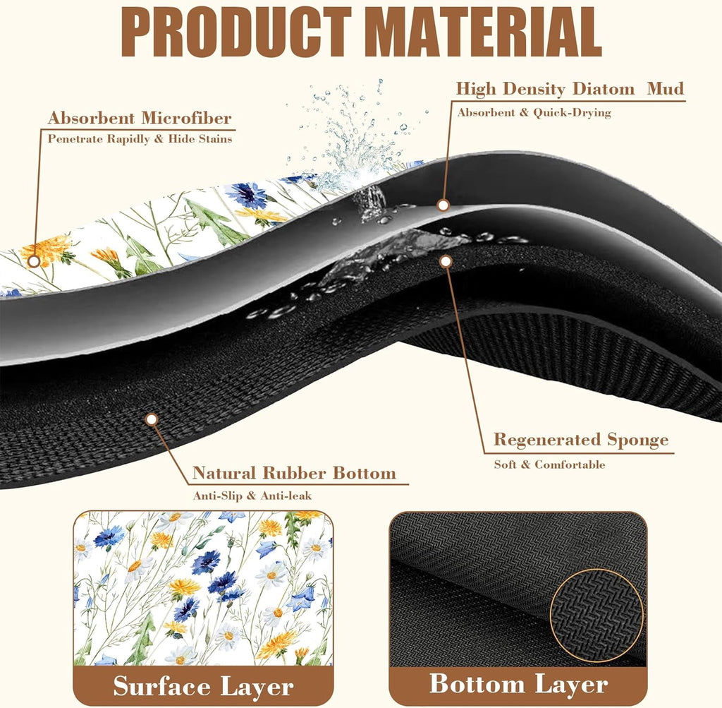 Watercolor Wildflower Dish Drying Mat for Kitchen Counter Hide Stain Absorbent Drying Rack Pad Rubber Backed Coffee Mat Espresso Machine Coffee Bar Accessories 11.8 x 19.7 Inch