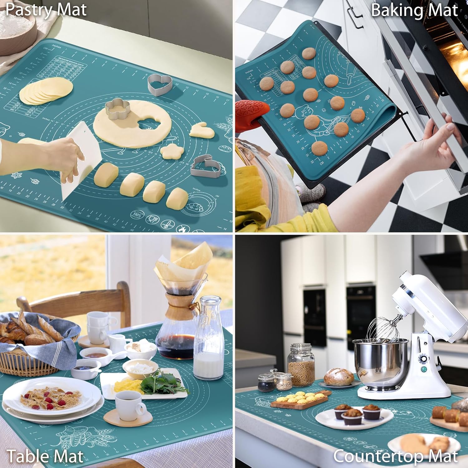 Silicone Pastry Mat 28" x 20" Extra Thick Non Stick Baking Mat with Measurements and Edge Heightening, Food Grade Silicone Rolling Mat for Pastry, Bread, Cookies, Pizza, Fondant, Pasta