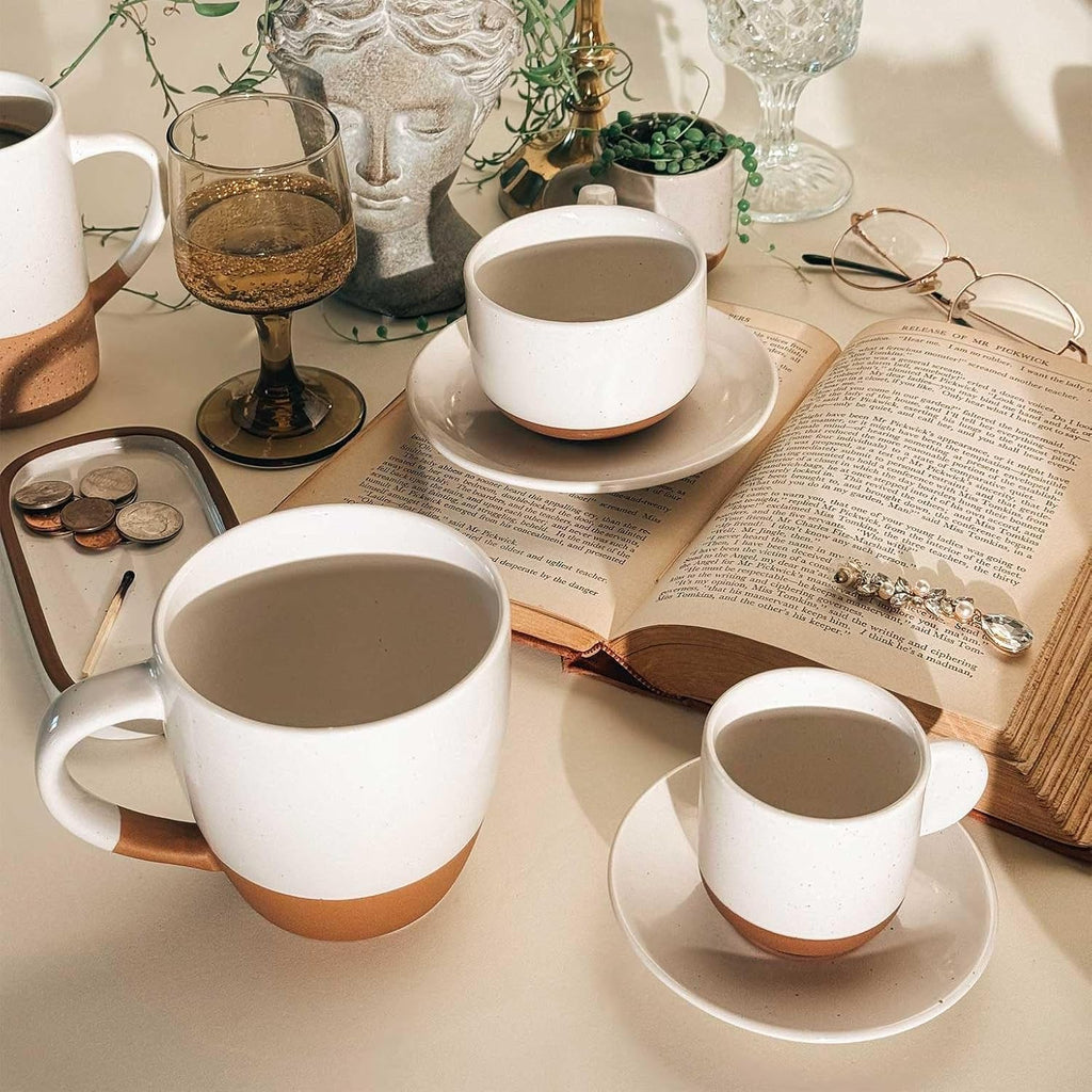Mora Ceramic Mini Espresso Cups Set of 4, 3oz - Tiny Italian Inspired Mugs With Saucers For Small Shots of Coffee - Modern Boho Style For Any Kitchen or Cafe. Microwave Safe Porcelain - Vanilla White