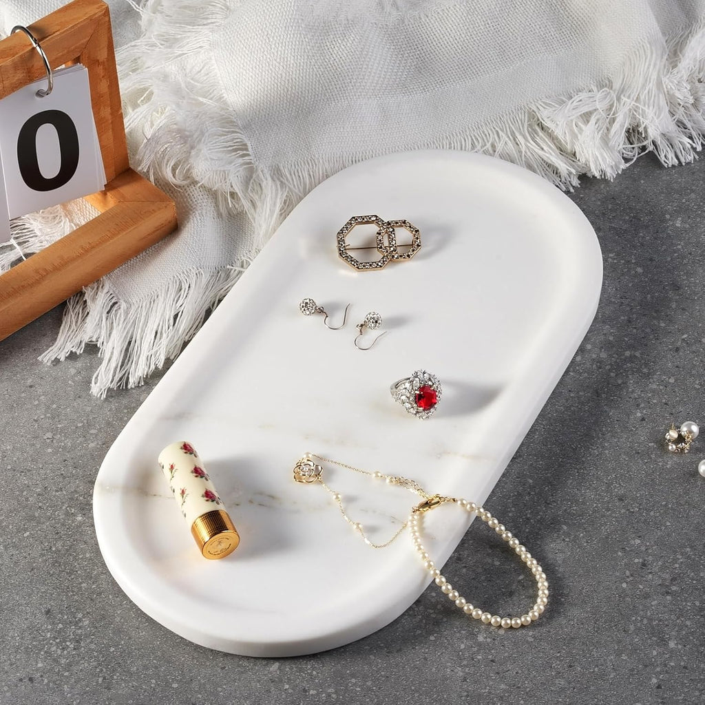 Koville Natural Marble Tray for Bathroom Countertop, Marble Storage Trays for Perfume, Cosmetics, Jewelry, Vanity Tray Stone Trays for Kitchen, Decorative Tray for Dresser Organizer(Calacatta White)