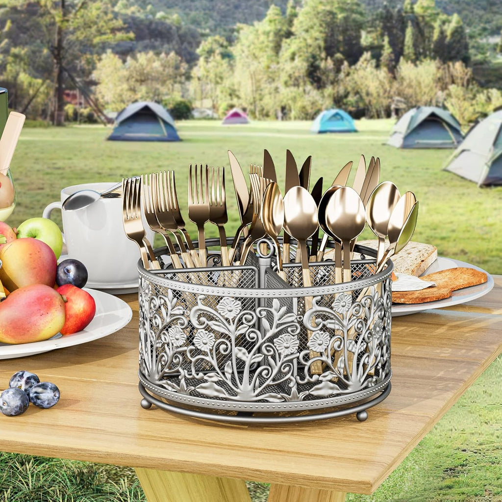 360° Rotating Utensil Caddy - Silverware Cutlery Caddy Holder with 4 Compartment, Metal Flatware Organizer Countertop with Handle for Party Camping Picnic, Kitchen Counter, Office (Silver)