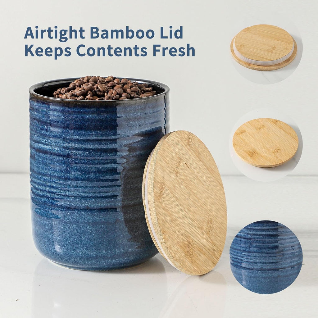Hasense 80oz Ceramic Food Storage Jar with Airtight Bamboo Lid – 7.5 Inch Large Kitchen Canister for Coffee, Sugar, Flour, Tea, Snacks – Wide Mouth Blue Container for Pantry Organization