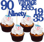 Gyufise 24Pcs Vintage 1935 Cupcake Toppers Glitter Cheers to 90 Fabulous Ninety Cupcake Picks 90th Birthday Wedding Anniversary Party Cake Decorations Supplies Deep Blue