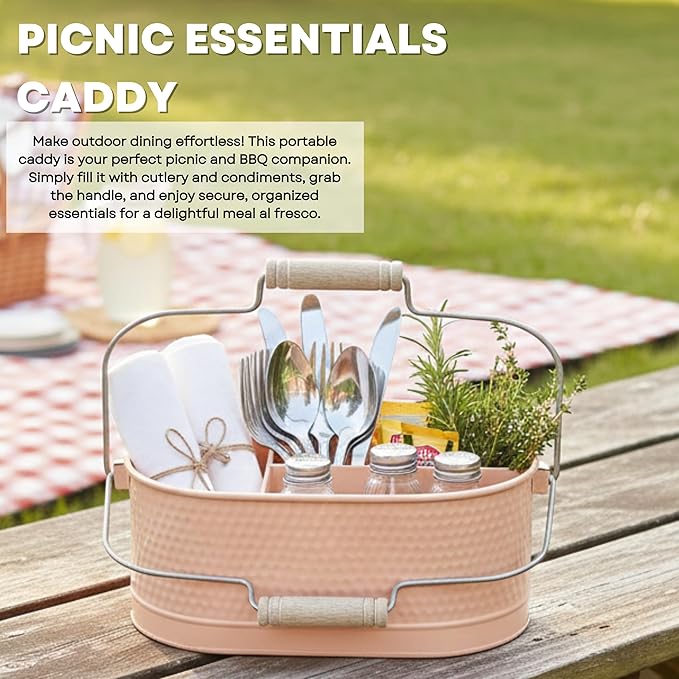 Alpha Living Home Metal Utensil Caddy - 4-Compartment Silverware, Flatware, Cutlery Holder with Handle - Kitchen Organizer for Countertop, Buffet, Picnic, BBQ, Farmhouse(Peach)