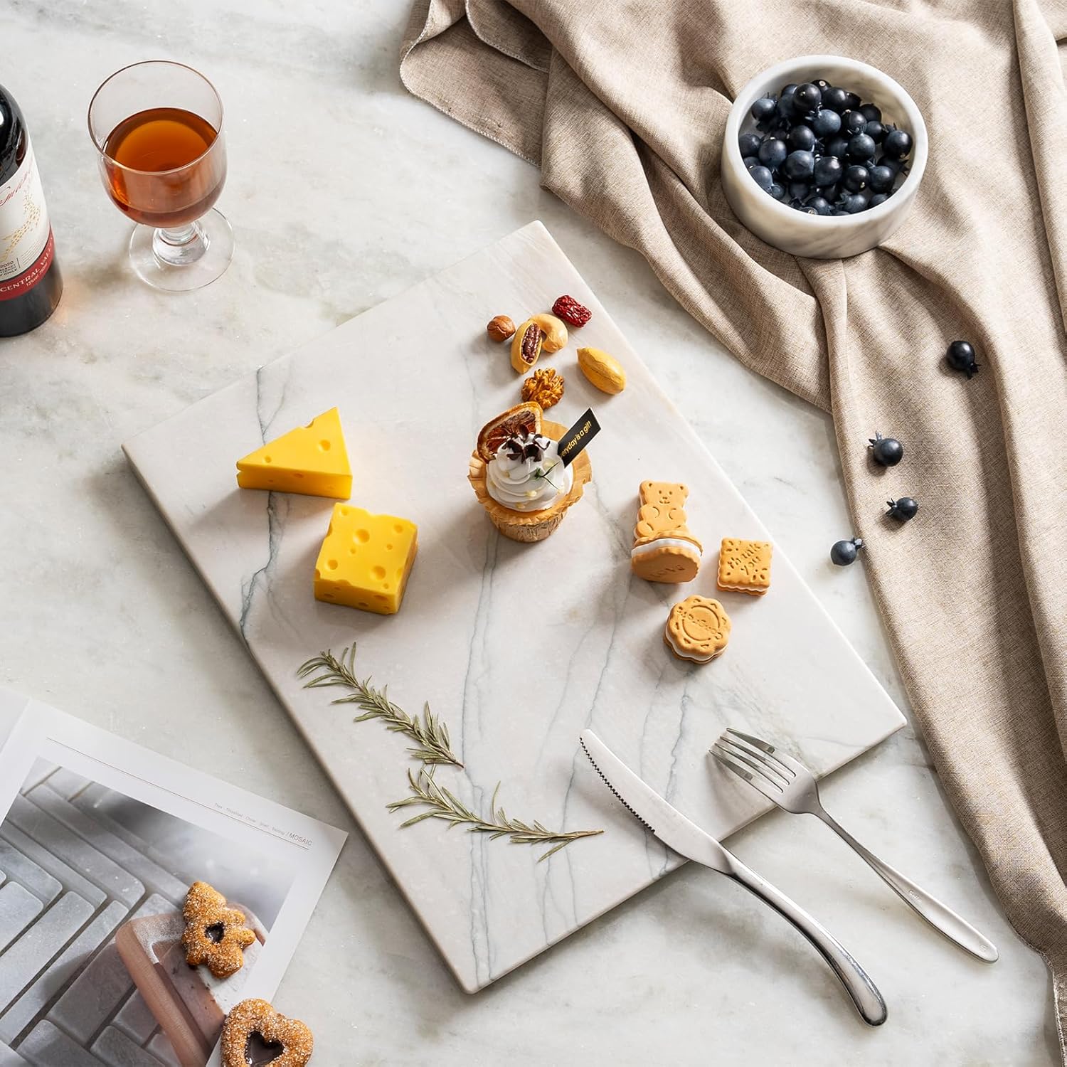 Koville Marble Pastry Board Cutting Boards for Kitchen Counter, 16" x 12" Natural White Marble Cutting Board Cheese Board, Stone Charcuterie Slab, Heat Resistant Rectangular Serving & Chopping Slab