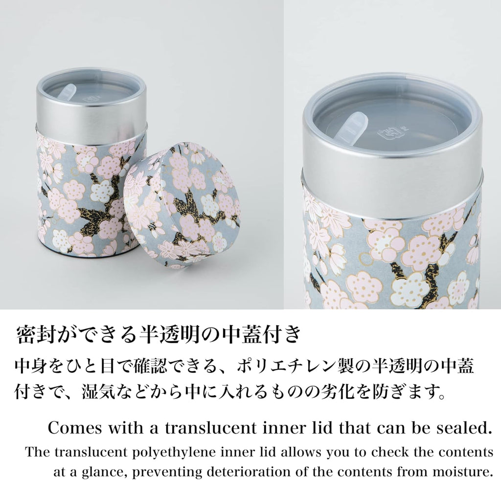 NOREN Tea Canister (Yuzen Washi paper), 3.5oz Size, Made in JAPAN, with Includes Inner Lid of Airtight, Damp-Proof, Kitchen Jar for Coffee, Tea, Spice and More (Plum and Sakura/Gray)