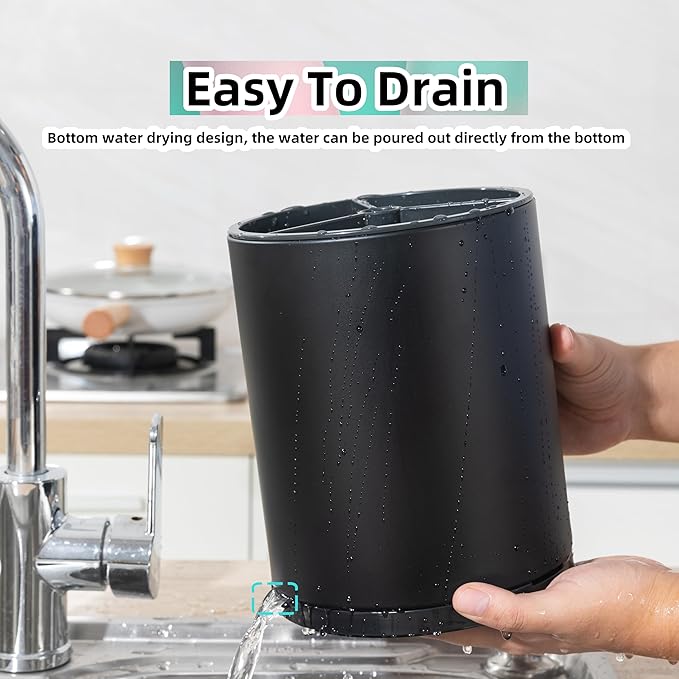 Kitchen Utensil Holder Extra Large 360°Rotating For Counter Organizer Stainless Steel Storage Cooking Silverware Caddy 3 Compartment Flatware Spoon Spatula Tool Cutlery Container（Black）