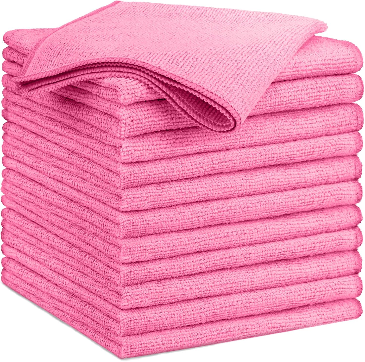 GLIMGLINT Pink Microfiber Cleaning Cloth, 12 Pack Cleaning Towels for Kitchen, Lint Free, Scratch-Free, Highly Absorbent, and Reusable Cleaning Rags for House, Window and Glass, Cars, 14"X12"