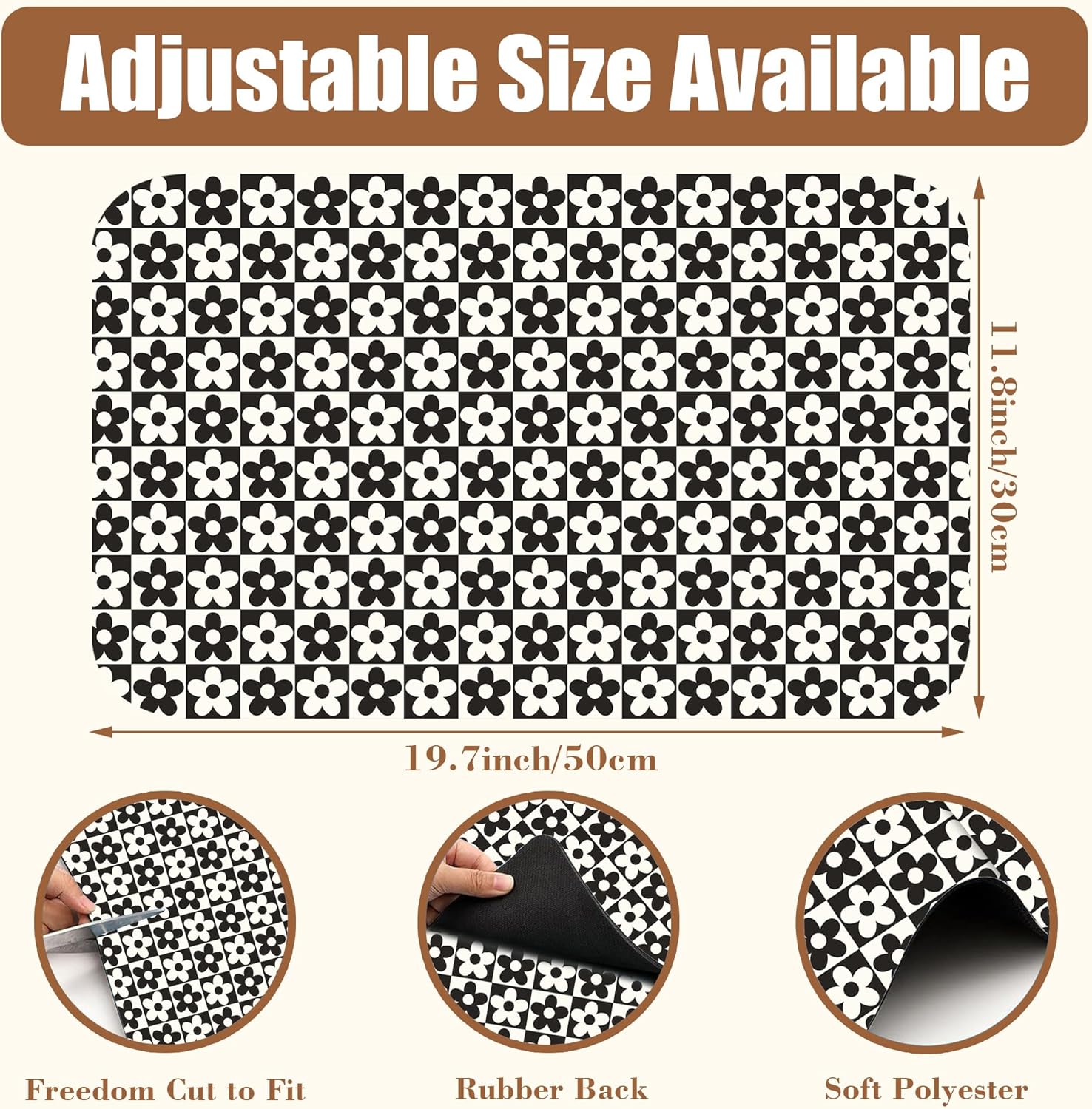 Black and White Checkered Flower Dish Drying Mat for Kitchen Counter Absorbent Coffee Bar Mat with Hide Stain Rubber Backed Coffee Maker Espresso Machine Cafe Table Accessories 11.8 x 19.7 Inch