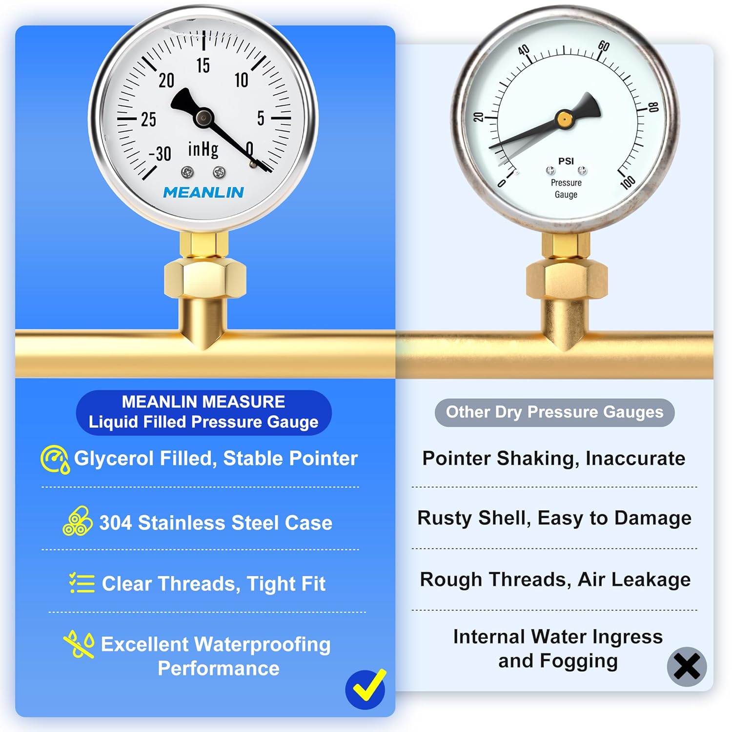 MEANLIN MEASURE -30~0Psi Stainless Steel 1/4" NPT 2.5" FACE DIAL,Vacuum Liquid Filled Pressure Gauge,Single Scale, WOG Water Oil Air Lower Mount, with 1/4" x 1/2" NPT and 1/4" x 3/8" NPT Hex Bushing