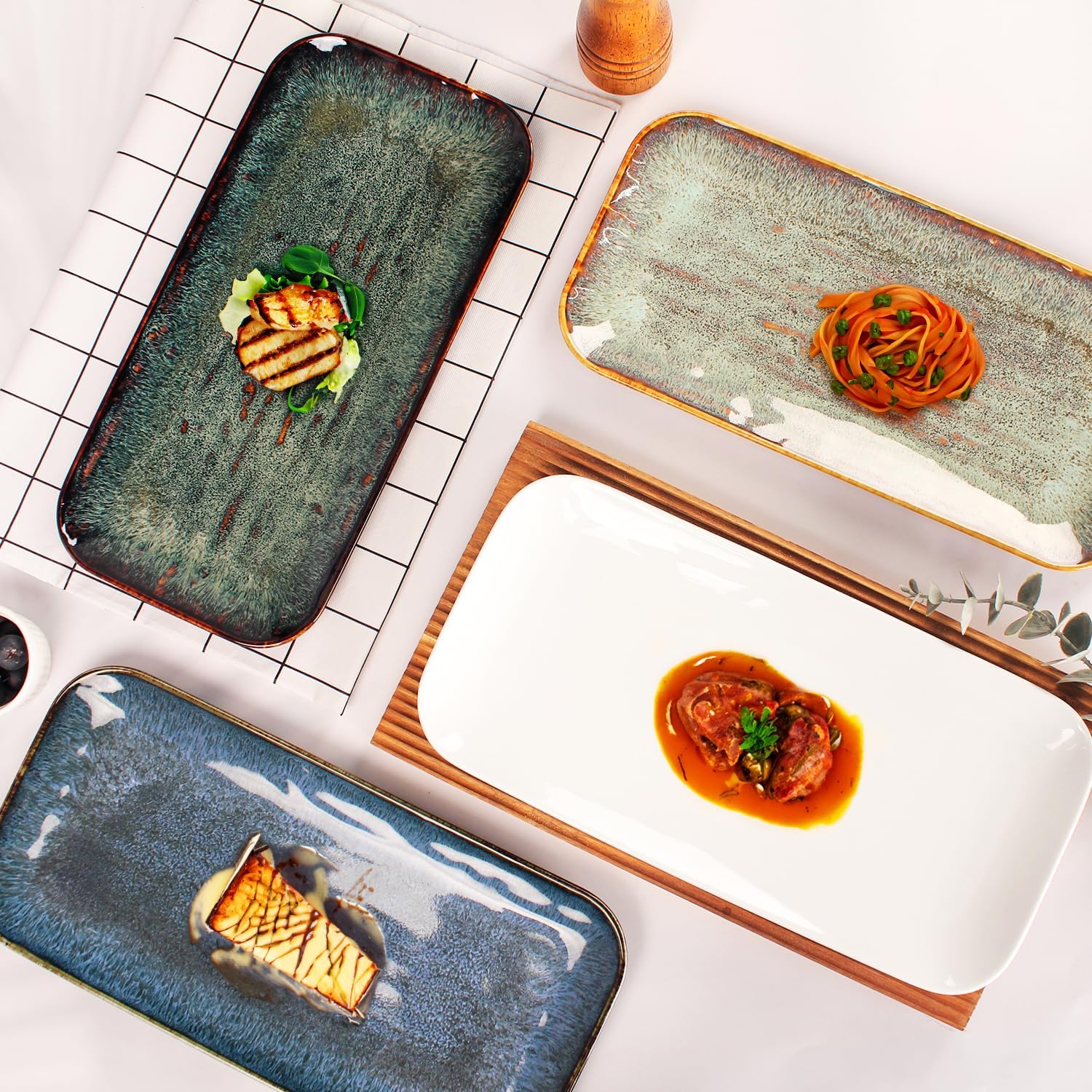 Porcelain Dinner Plates, Serving platters for entertaining, for Fruit, cheese, snack, Bread, cupcake, Salad - Scratch Resistant durable, Microwave, Dishwasher Safe, four colors 4 PCS