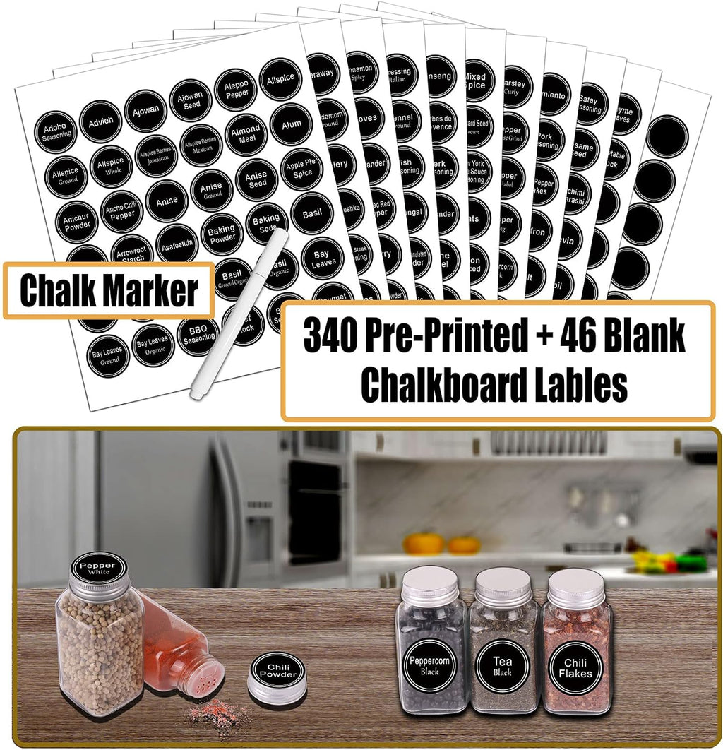 SWOMMOLY 25 Glass Spice Jars 6 oz Empty Square Spice Bottles with 703 Spice Labels, Chalk Marker and Funnel Complete Set. Spice Containers with Airtight Cap, Pour/sift Shaker Lid