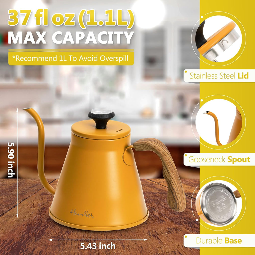 Harriet Gooseneck Kettle with Thermometer for Pour Over Coffee and Tea, 37 fl oz, Stainless Steel, Durable 3-Layer Base, Ideal Spout for Precision Pouring, Compatible with all Stove Tops, Yellow