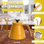 Harriet Gooseneck Kettle with Thermometer for Pour Over Coffee and Tea, 37 fl oz, Stainless Steel, Durable 3-Layer Base, Ideal Spout for Precision Pouring, Compatible with all Stove Tops, Yellow