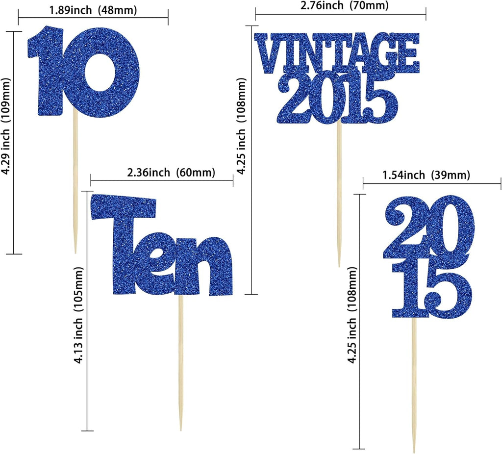 Gyufise 24Pcs 10th Birthday Cupcake Toppers Glitter Ten Vintage 2015 Double Digits 10 Cupcake Picks Birthday Cake Decorations for Happy 10th Birthday Anniversary Party Supplies Deep Blue